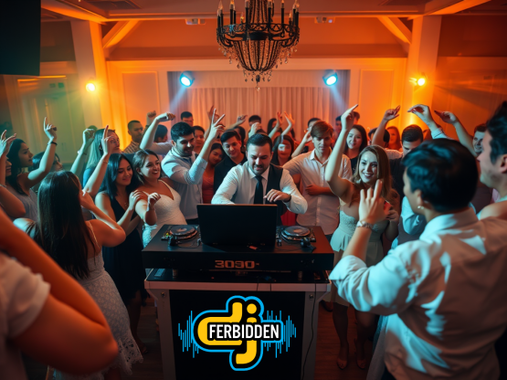 DJ-Ferbidden_Wedding_Event_Tips Guests dancing at a wedding reception with colorful lighting and upbeat atmosphere, highlighting the impact of a professional DJ.