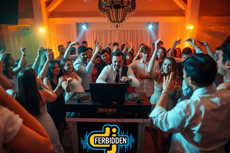 DJ-Ferbidden_Wedding_Event_Tips Guests dancing at a wedding reception with colorful lighting and upbeat atmosphere, highlighting the impact of a professional DJ.